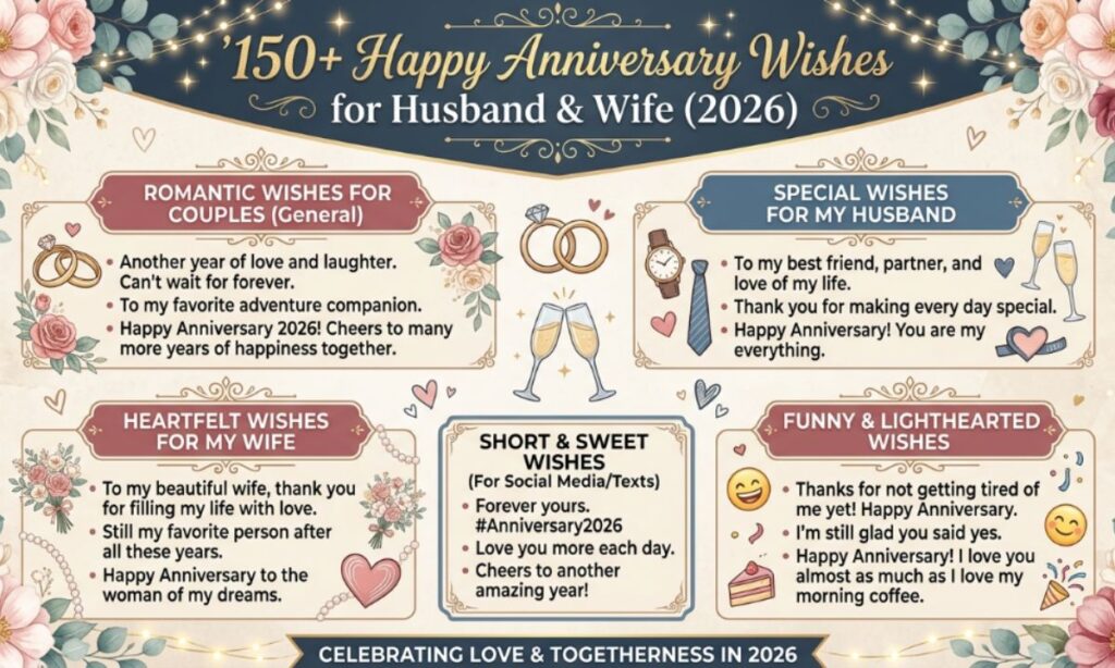 150+ Happy Anniversary Wishes for Husband & Wife (2026)